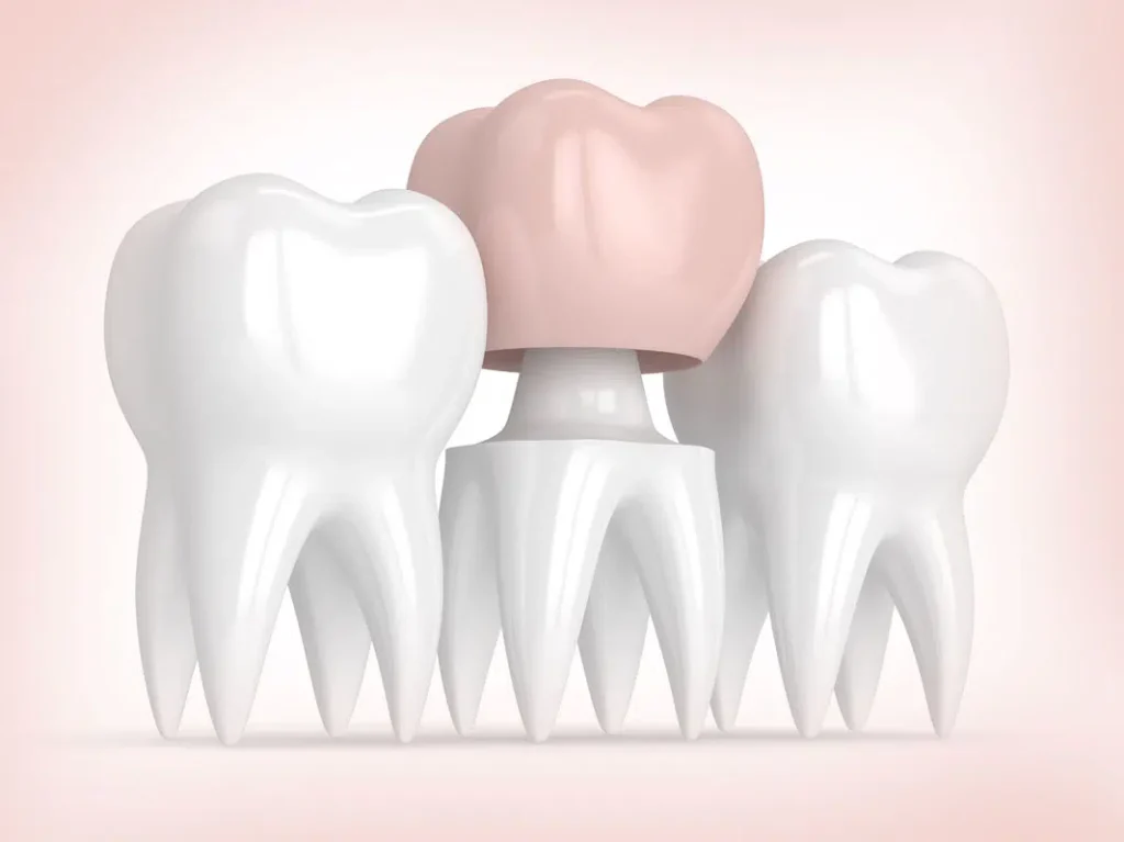 Illustration of a dental crown being fitted over a prepared tooth